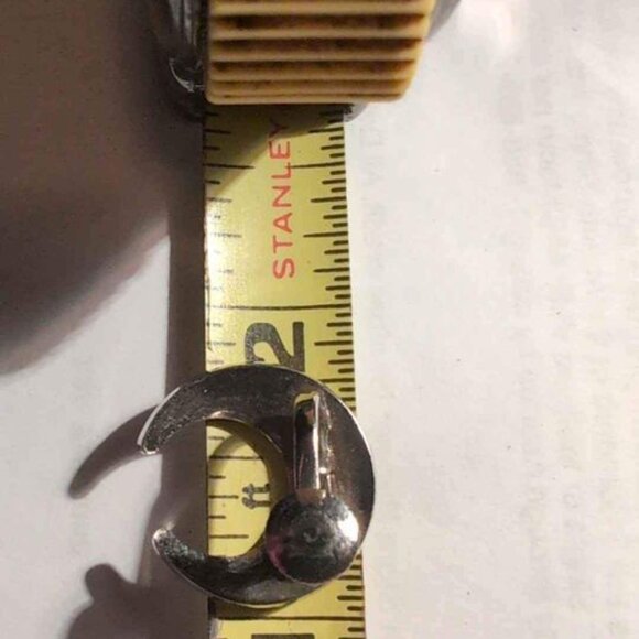 Silver Toned Crescent Clip on Earrings with Engraved Flower Outlined in Black - Picture 3 of 7